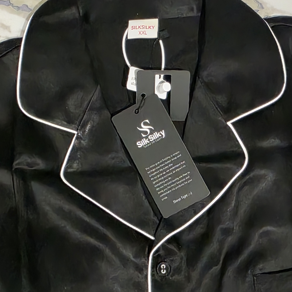 NWT Amazing Women's Black 100% Mulberry Silk  Pajama with White Piping, Size XXL - Picture 2 of 16